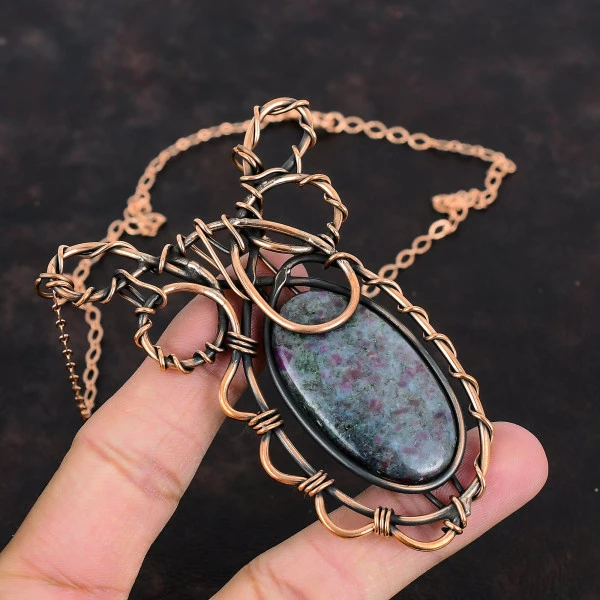 Ruby In Blue Kyanite Oval Blue Handmade Copper Wire Wrapped Necklace