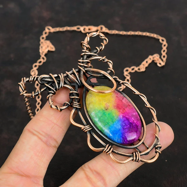 Rainbow Solar Quartz Druzy Oval Yellow Handmade Copper Wire Wrapped Necklace