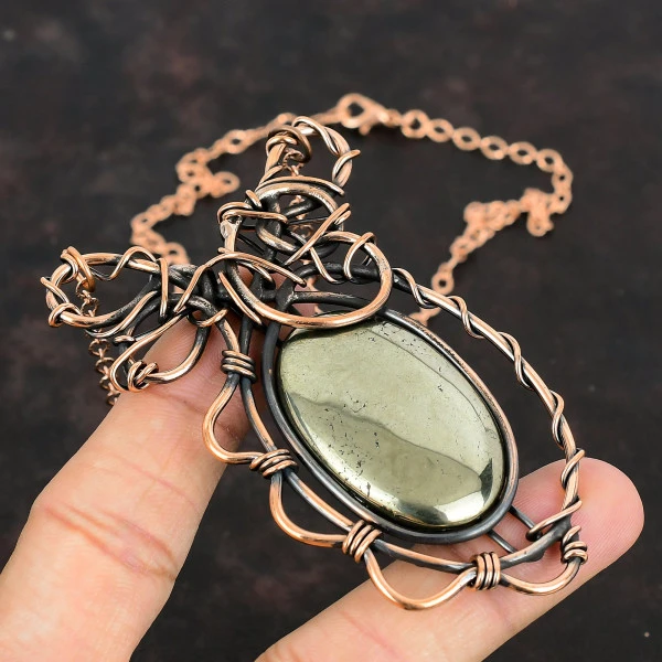 Pyrite Oval Gold Handmade Copper Wire Wrapped Necklace
