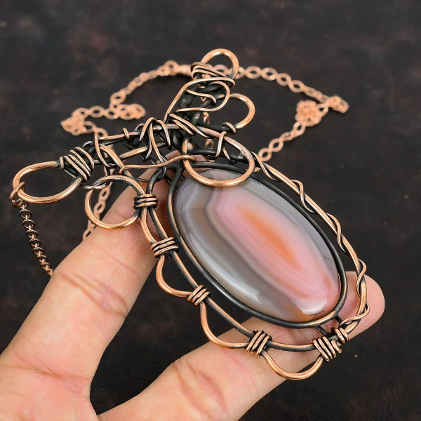 Botswana Agate Oval Red Handmade Copper Wire Wrapped Necklace