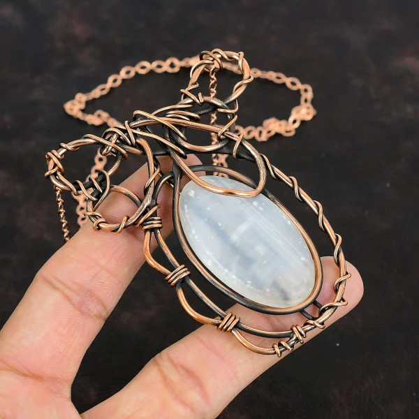 Selenite Oval White Handmade Copper Wire Wrapped Necklace