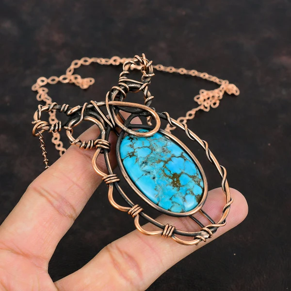 Tibetan Turquoise Oval Blue Handmade Copper Wire Wrapped Necklace
