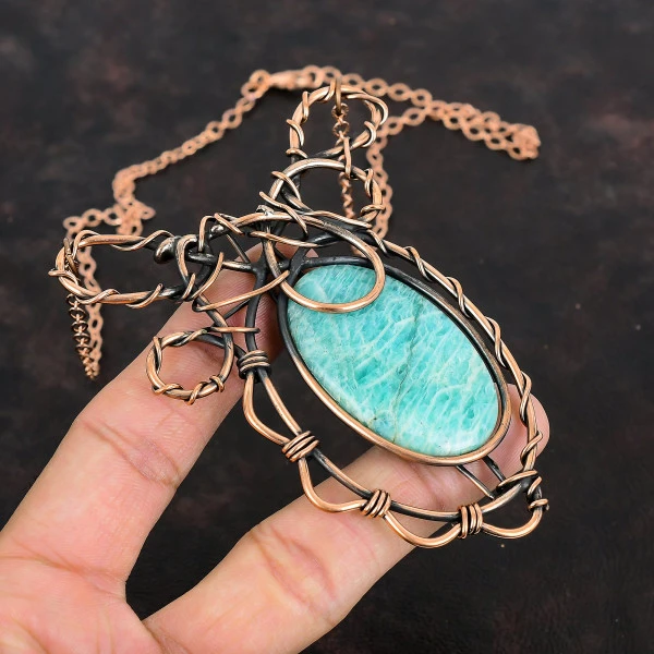 Amazonite Oval Green Handmade Copper Wire Wrapped Necklace