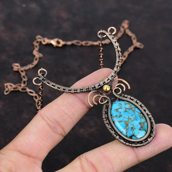 Copper Blue Turquoise Oval Blue Handmade Copper Wire Wrapped Necklace