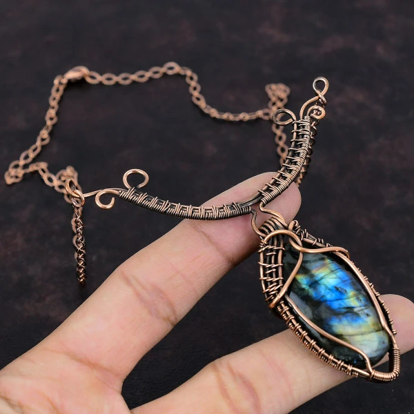 Labradorite Oval Gray Handmade Copper Wire Wrapped Necklace