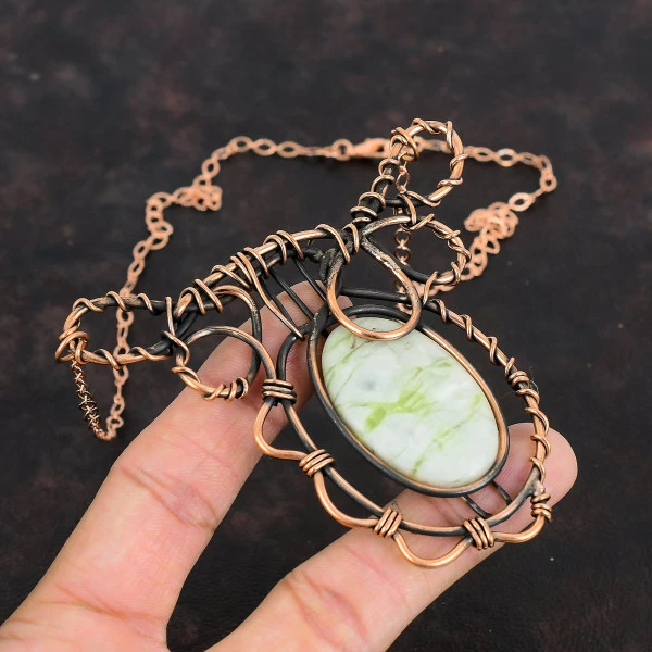 Green Aragonite Oval Green Handmade Copper Wire Wrapped Necklace