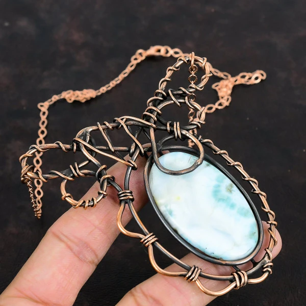 Larimar Oval Blue Handmade Copper Wire Wrapped Necklace