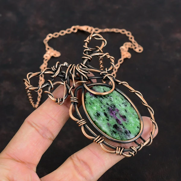 Ruby Zoisite Oval Green Handmade Copper Wire Wrapped Necklace