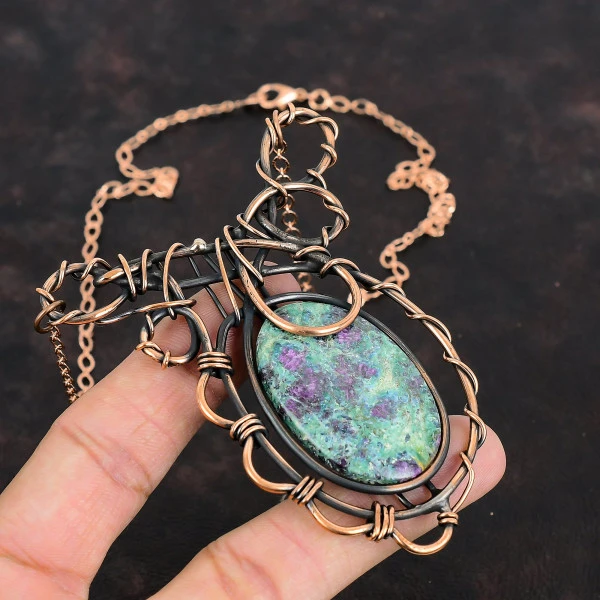 Ruby Fuchsite Oval Green Handmade Copper Wire Wrapped Necklace