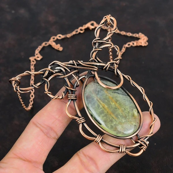 Moss Prehnite Oval Green Handmade Copper Wire Wrapped Necklace
