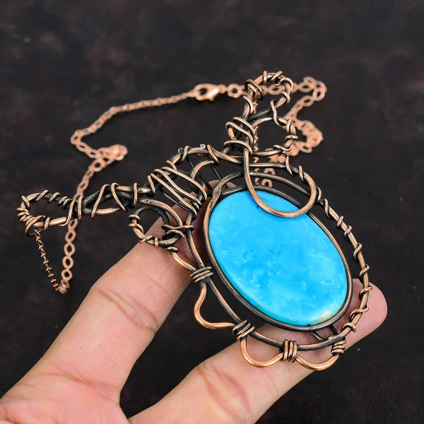 Arizona Turquoise Oval Blue Handmade Copper Wire Wrapped Necklace