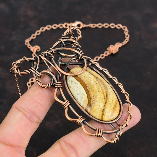 Picture Jasper Oval Brown Handmade Copper Wire Wrapped Necklace