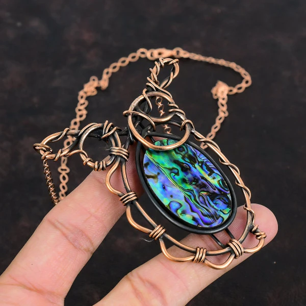 Abalone Shell Oval Green Handmade Copper Wire Wrapped Necklace