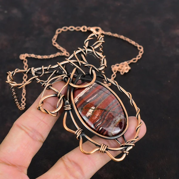 Red Snakeskin Jasper Oval Red Handmade Copper Wire Wrapped Necklace