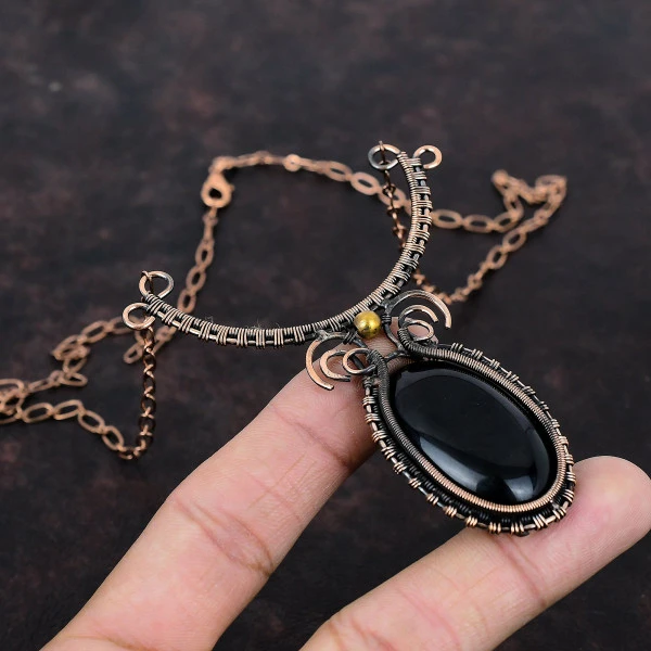 Black Onyx Oval Black Handmade Copper Wire Wrapped Necklace