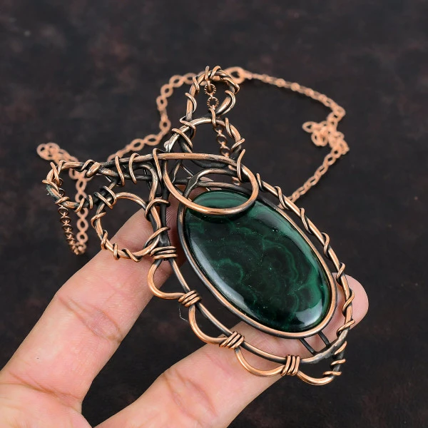 Malachite Oval Green Handmade Copper Wire Wrapped Necklace
