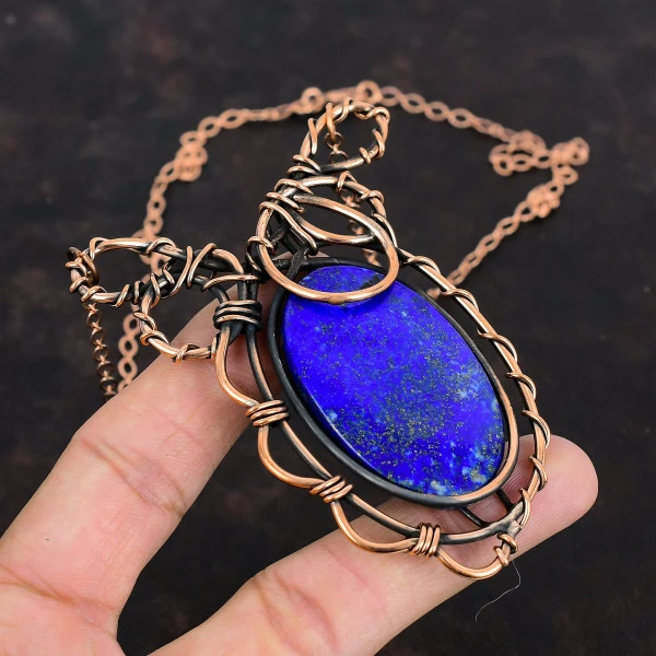 Lapis Lazuli Oval Blue Handmade Copper Wire Wrapped Necklace