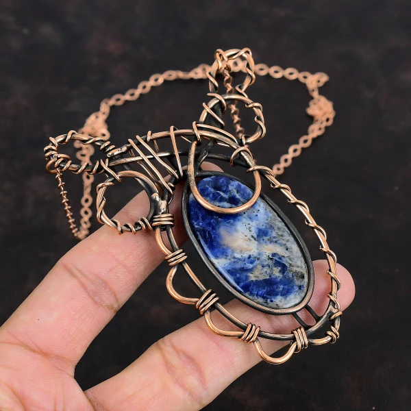 Sodalite Oval Blue Handmade Copper Wire Wrapped Necklace