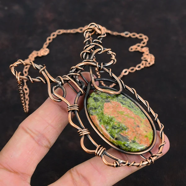 Unakite Oval Green Handmade Copper Wire Wrapped Necklace
