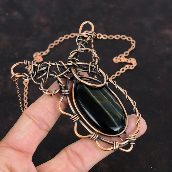 Pietersite Oval Black Handmade Copper Wire Wrapped Necklace