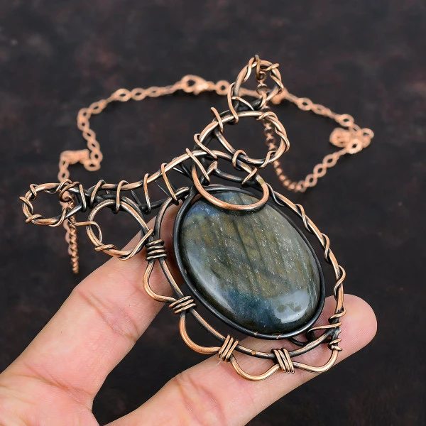 Labradorite Oval Gray Handmade Copper Wire Wrapped Necklace
