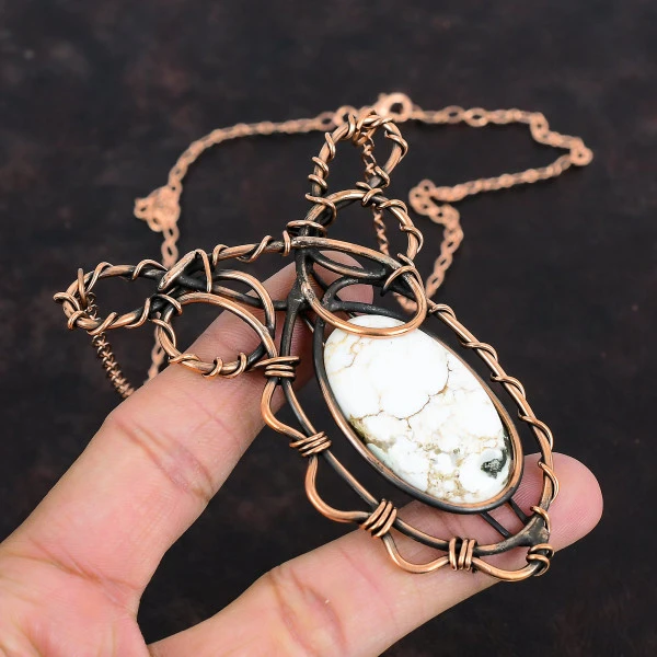 Wild Horse Magnesite Oval White Handmade Copper Wire Wrapped Necklace