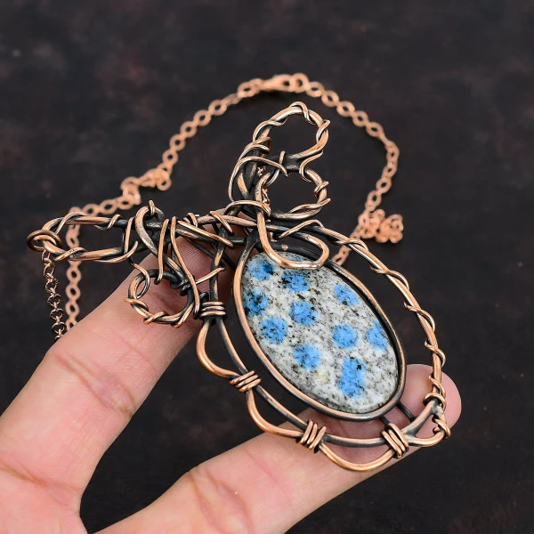 K2 Jasper Oval White Handmade Copper Wire Wrapped Necklace