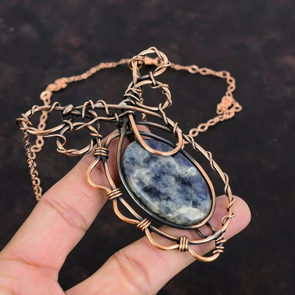 Iolite Sunstone Oval Blue Handmade Copper Wire Wrapped Necklace
