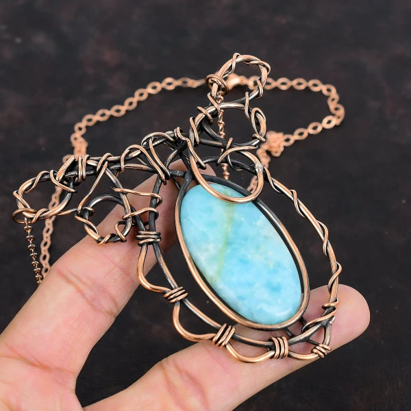 Hemimorphite Oval Blue Handmade Copper Wire Wrapped Necklace