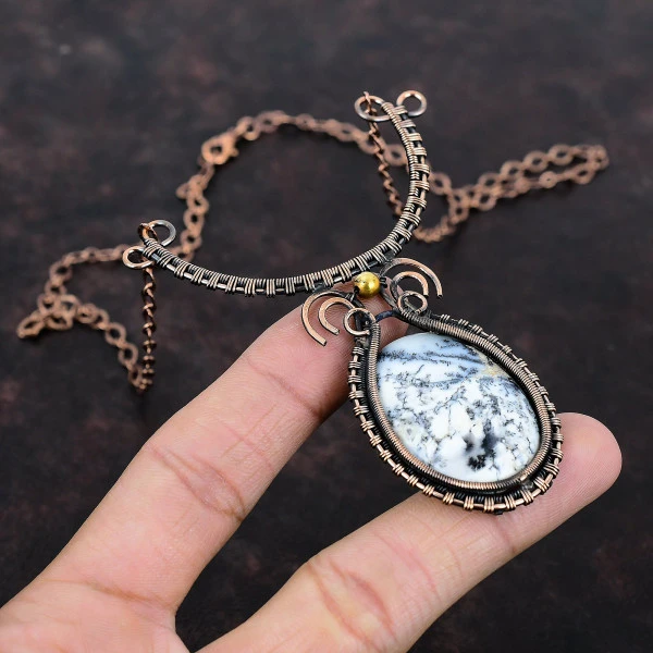 Dendrite Opal Oval White Handmade Copper Wire Wrapped Necklace