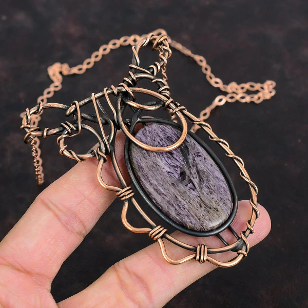 Charoite Oval Purple Handmade Copper Wire Wrapped Necklace