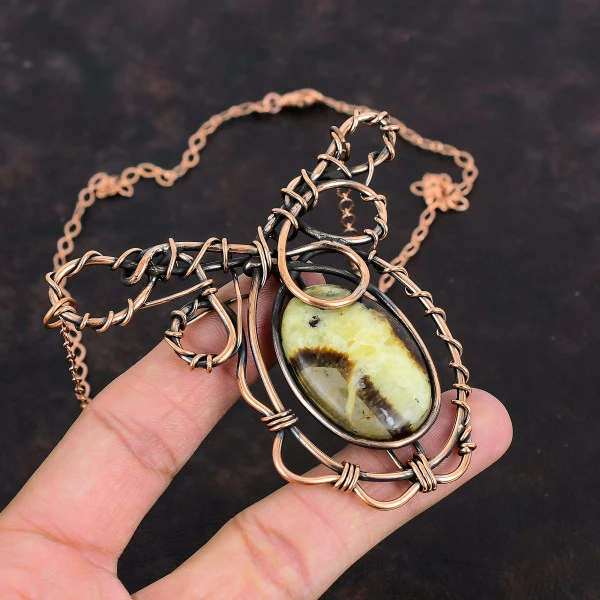 Septarian Oval Yellow Handmade Copper Wire Wrapped Necklace