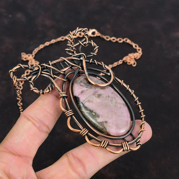 Rhodonite Oval Pink Handmade Copper Wire Wrapped Necklace