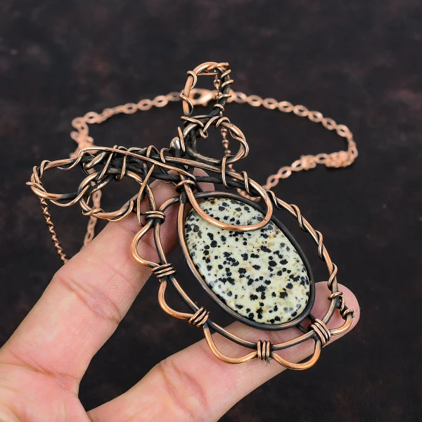 Dalmatian Jasper Oval White Handmade Copper Wire Wrapped Necklace