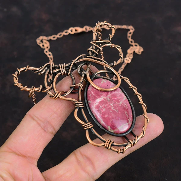 Thulite Oval Pink Handmade Copper Wire Wrapped Necklace