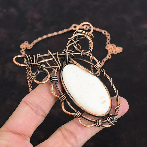 Scolecite Oval White Handmade Copper Wire Wrapped Necklace