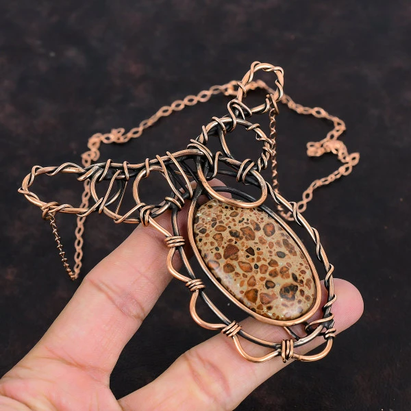 Asteroid Jasper Oval Brown Handmade Copper Wire Wrapped Necklace