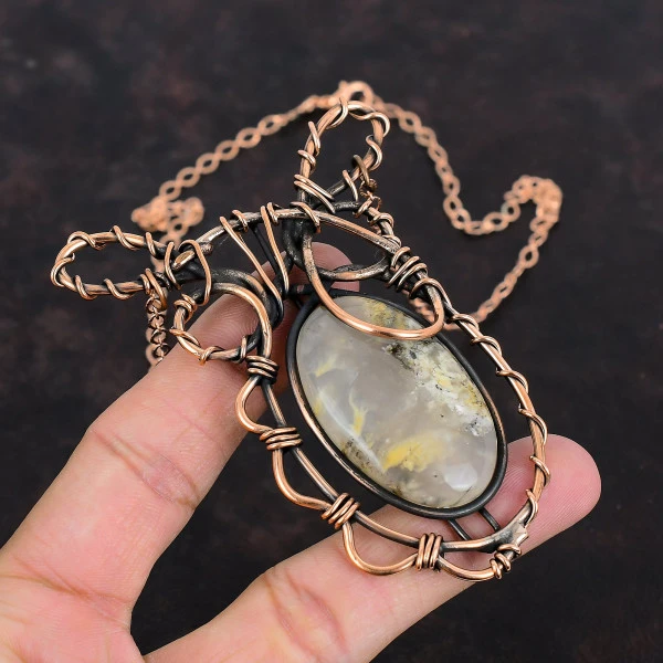 Plume Agate Oval White Handmade Copper Wire Wrapped Necklace