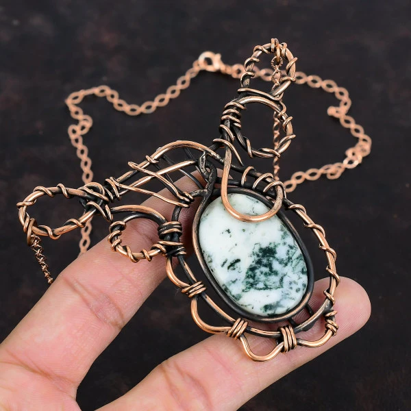 Tree Agate Oval Green Handmade Copper Wire Wrapped Necklace