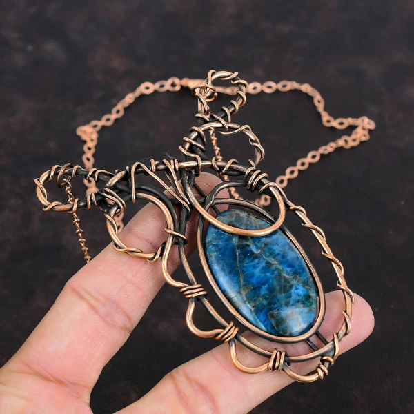 Neon Apatite Oval Blue Handmade Copper Wire Wrapped Necklace