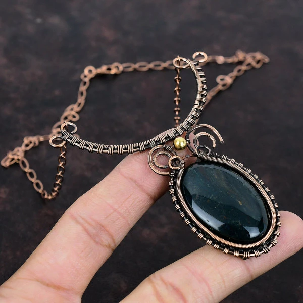 Bloodstone Oval Green Handmade Copper Wire Wrapped Necklace