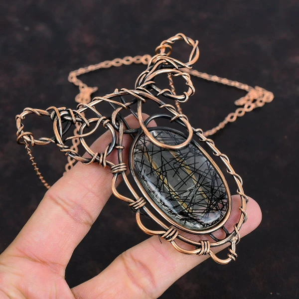 Black Rutile Oval Black Handmade Copper Wire Wrapped Necklace