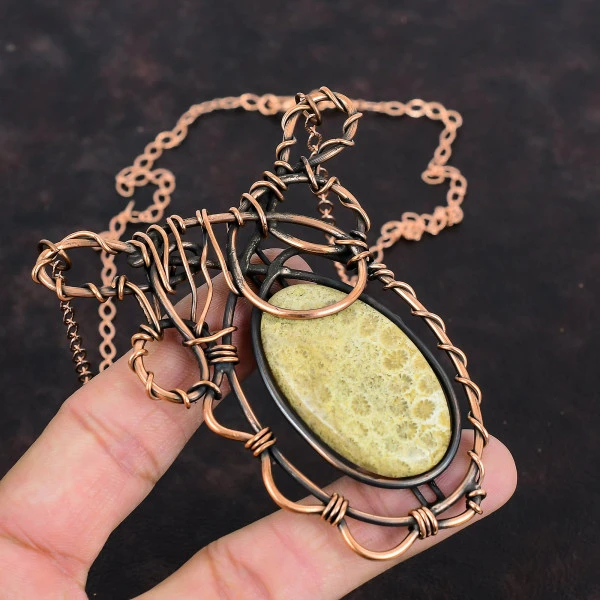 Fossil Coral Oval White Handmade Copper Wire Wrapped Necklace
