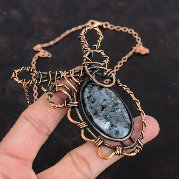 Larvikite Oval Black Handmade Copper Wire Wrapped Necklace