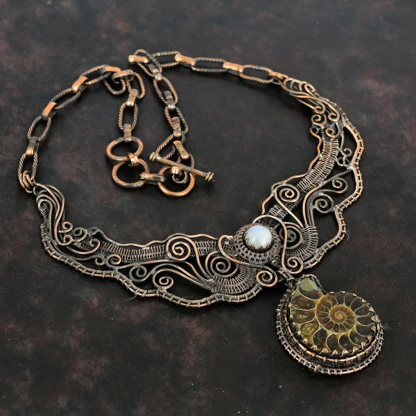 Ammonite Fossil Pear Brown Handmade Copper Wire Wrapped Necklace