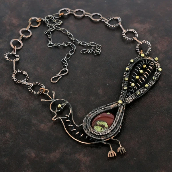 Dragon Bloodstone Oval Red Handmade Copper Wire Wrapped Necklace