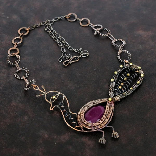 Kashmir Ruby Oval Red Handmade Copper Wire Wrapped Necklace