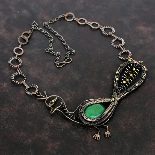 Zambian Emerald Oval Green Handmade Copper Wire Wrapped Necklace