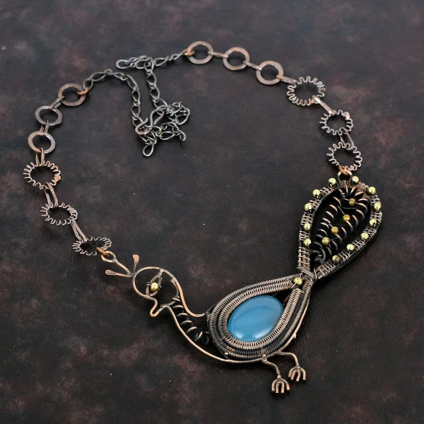 Aquamarine Oval Blue Handmade Copper Wire Wrapped Necklace