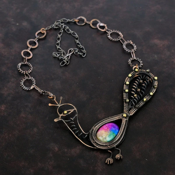 Rainbow Solar Quartz Druzy Oval Purple Handmade Copper Wire Wrapped Necklace